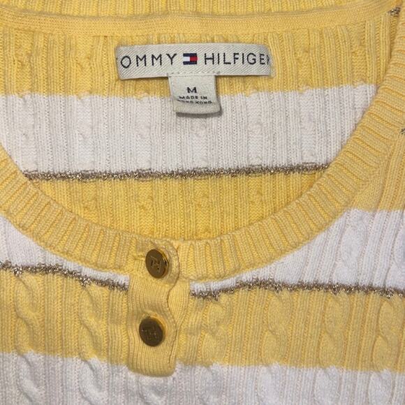 Tommy Hilfiger White Yellow Striped Sweater Top Size Medium Preppy Casual Y2K - Picture 3 of 4